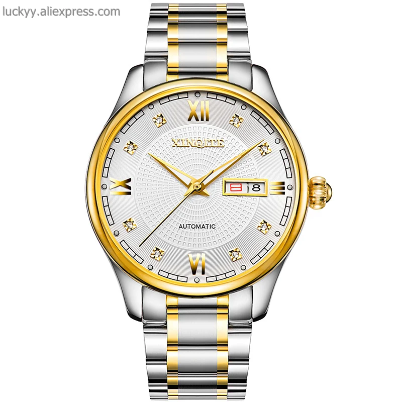 

Two tone yellow gold stainless steel mens watch automatic mechanical male watch complete calendar wristwatch A223