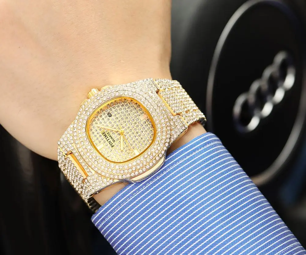 Прямая поставка мужские часы со стразами кварцевые в стиле хип хоп золотые