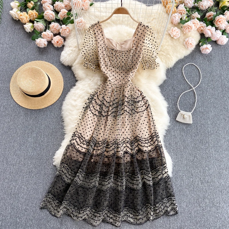 

Sweet Polka Dot Net Yarn Fairy Skirt Gentle Wind Women's High-end Heavy Embroidery Wavy Edge Mid-length Dress