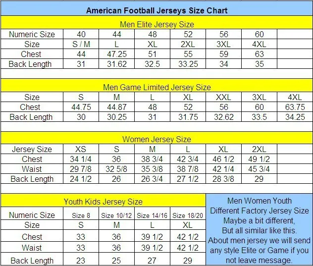 Nfl Game Jersey Size Chart