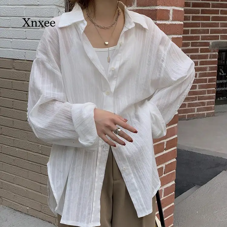 

2021 White Ribbing Shirt Thin Women Vintage Office Tops Long Sleeve Blouse Oversize Summer Streetwear Casual Elegant Clothing