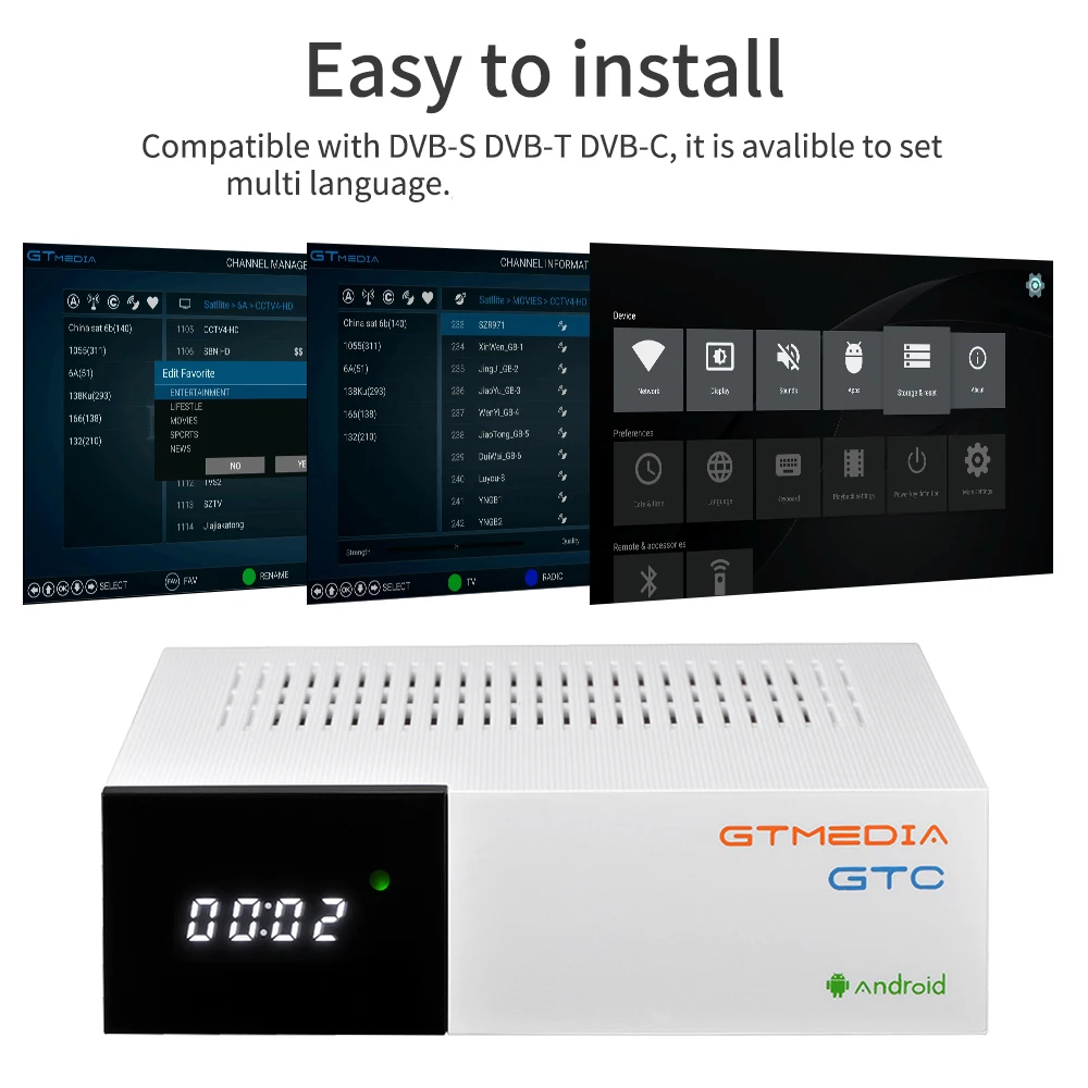 GTMedia GTC Satellite Receiver Decoder Android 6.0 TV BOX DVB-S2/T2/C Amlogic S905D 2GB 16GB for Europe Set Top Box Easy Install
GTMedia GTC Satellite Receiver Decoder Android 6.0 TV BOX DVB-S2/T2/C Amlogic S905D 2GB 16GB for Europe Set Top Box Easy Install