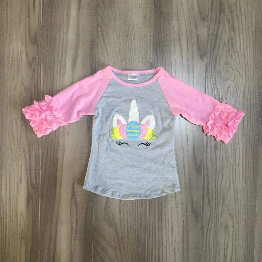 

baby girl clothes girls spring shirt Girls Easter raglans unicorn top girls grey shirt with pink ruffled sleeve