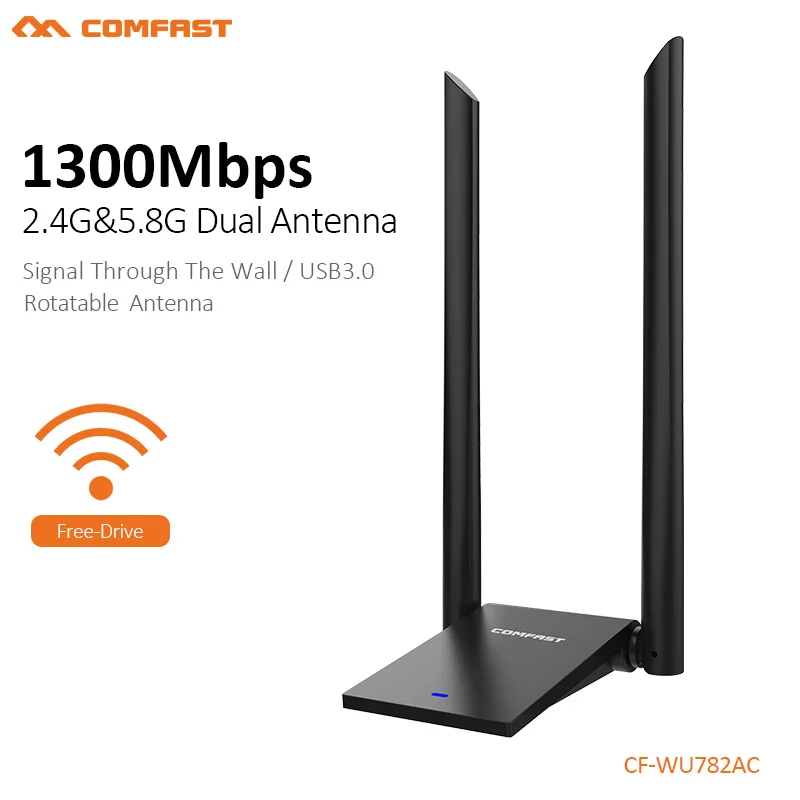 

COMFAST 5.8GHz Usb WiFi Adapter 1300Mbps 802.11ac Long Distance WIFI Receiver 2*6dBi Antennas Dual Band CF-WU782AC