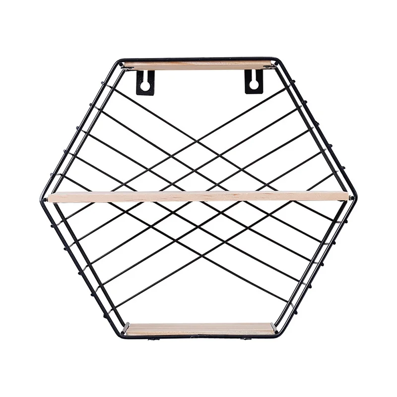 Hexagon Iron Art Wooden Wall Hanging 3Tier Display Rack Shelf Storage Home Decor