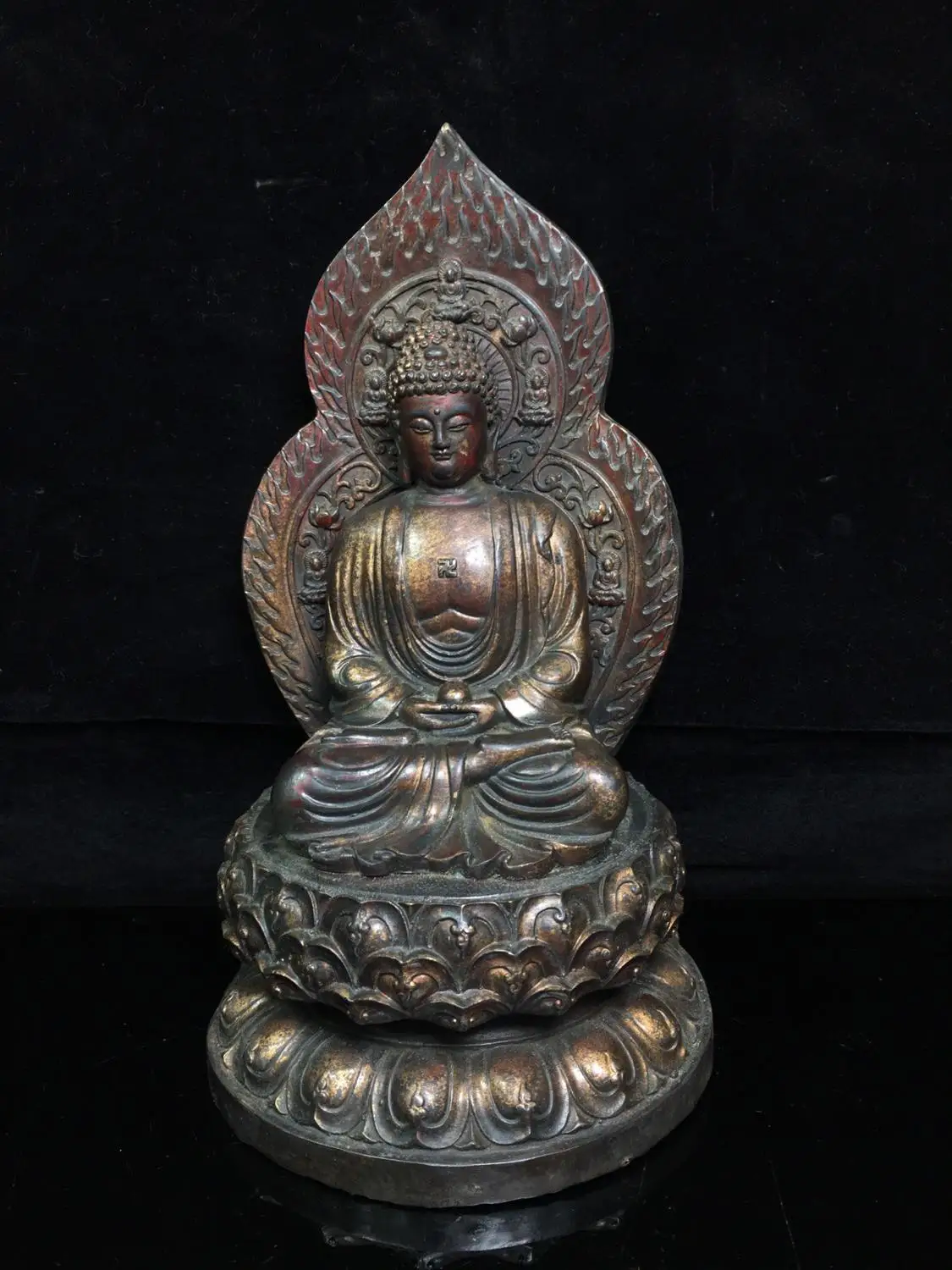 12" Tibet Buddhism Old Bronze Cinnabars Amitabha Buddha Statue Three Saints of the West Sit backlit buddha stand Enshrine
12" Tibet Buddhism Old Bronze Cinnabars Amitabha Buddha Statue Three Saints of the West Sit backlit buddha stand Enshrine
