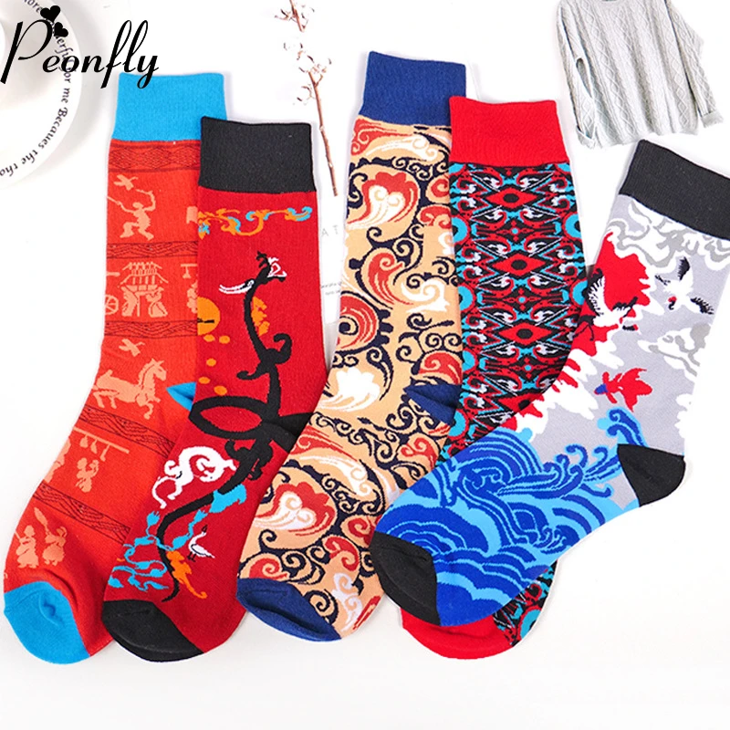 

PEONFLY Fashion Colorful Socks Men Funny Abstract Pattern Happy Socks Casual Harajuku Combed Cotton Male Sock Wedding Gift