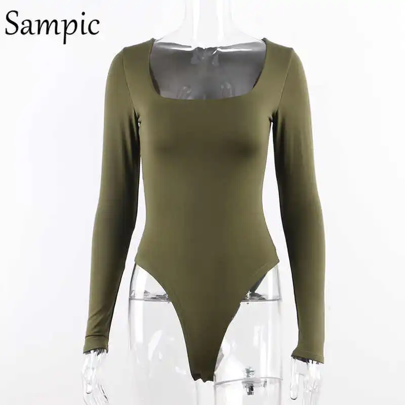 Sampic Woman Fashion Sexy Causual Square Neck Warm Skinny Bodysuit Rompers Long Sleeve Slim Bodycon Bodysuit Tops Autumn Winter