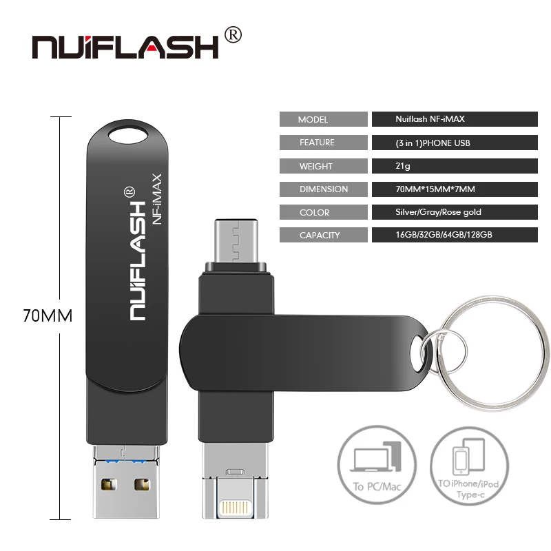USB флеш накопитель для iPhone X/8/7/7 Plus/6/6s/5/SE/ipad OTG Type C HD флешка карта памяти 8 ГБ 16 32 64 128