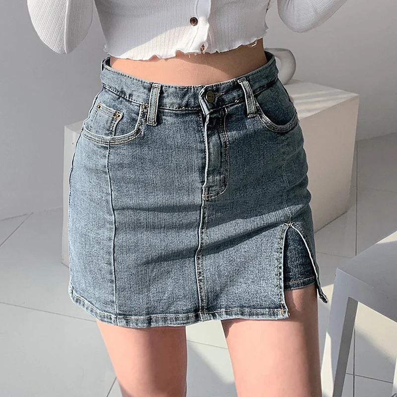 Женская джинсовая юбка облегающая с разрезом сбоку сексуальные мини прямые юбки