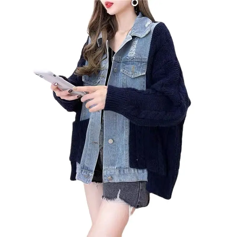 

Fashionable Cowboy Splicing Sweater Open Shirt Women's Coat New Autumn Winter Loose Lazy Wind Knitting Thicken Ladies Jacket