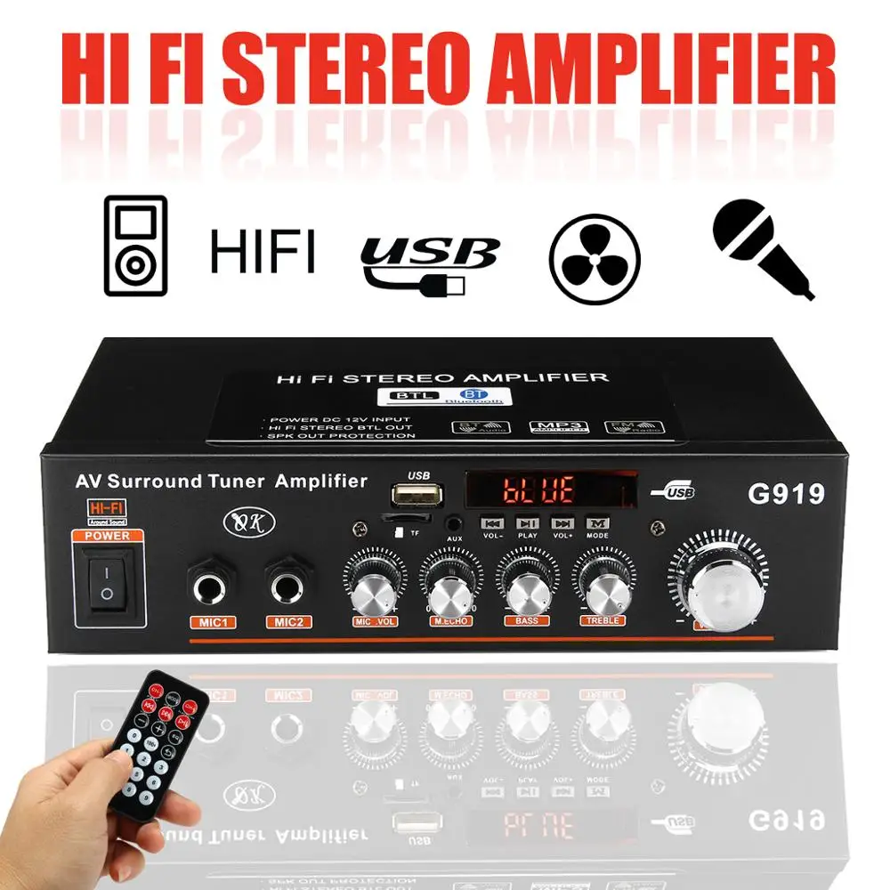 360W G919 Mini Amplificador Audio bluetooth Stereo Power Amplifier FM SD Hifi 2CH Amp Music Player Power Amplifier Car 12V 220V
360W G919 Mini Amplificador Audio bluetooth Stereo Power Amplifier FM SD Hifi 2CH Amp Music Player Power Amplifier Car 12V 220V
