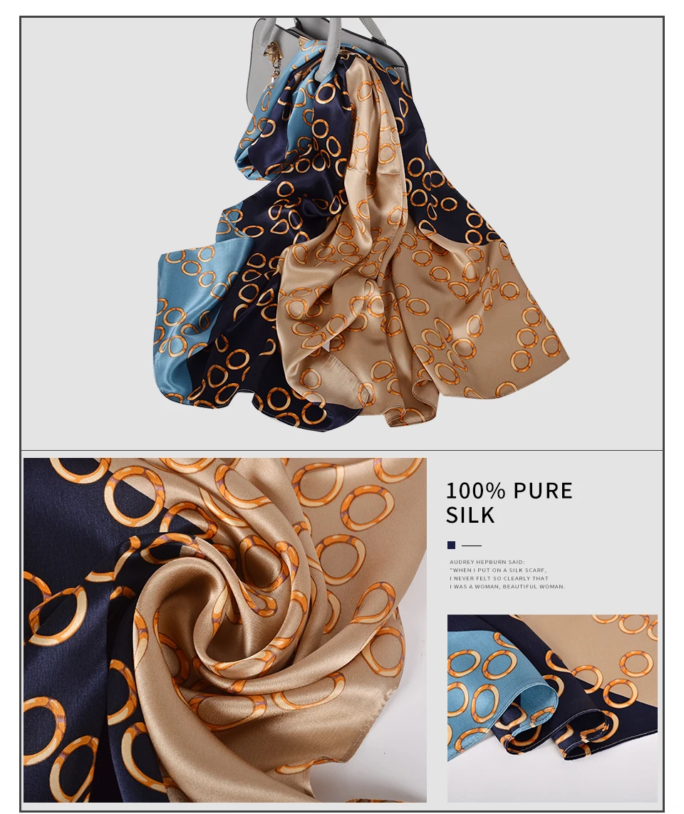Waliicorners Women Blue Khaki Black Silk Scarf New Brand Luxury 100% Silk Long Scarves Hijabs Autumn Winter Chain Pattern Scarf Shawl 23 H399b9d1936e44987b79d7d97b59cf5cae