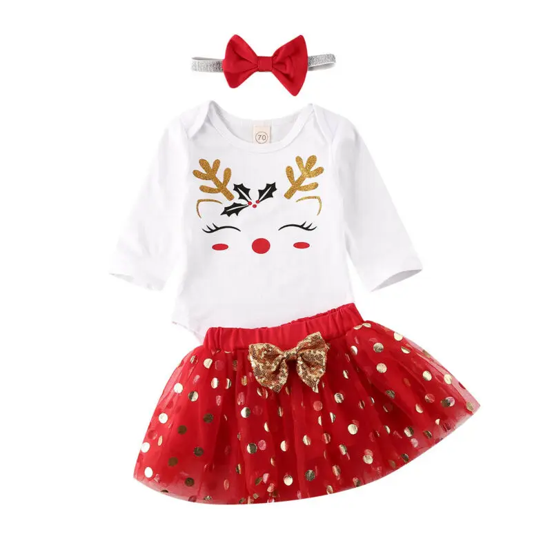

Pudcoco 2020 Winter Xmas 0-18M Infant Kids Baby Girl 3Pcs Set Cartoon Deer Print Long Sleeve Bodysuit+Polka Dot Tutu Skirt+Bow