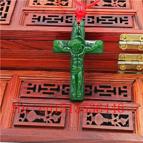 

Cross Jesus Carved Jade Pendant Natural Chinese Green Necklace Charm Jadeite Jewellery Fashion Lucky Amulet Gifts for Women N03