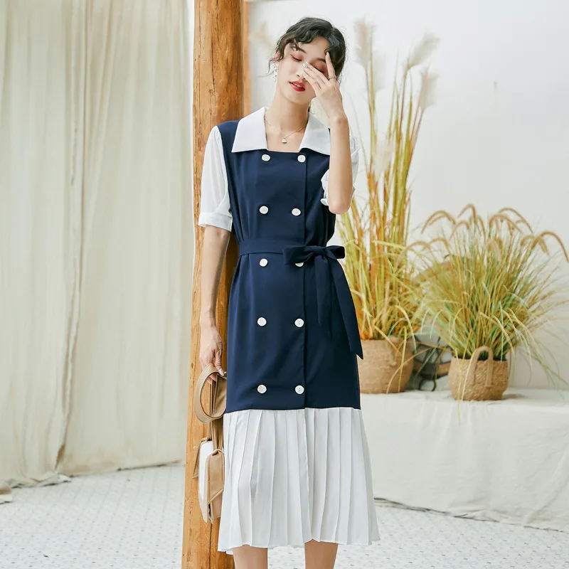 Colorblock Pleated Skirt 2019 Summer New Design Sensual Lace Up Dress Waist Short Sleeve Double Breasted Dress
Colorblock Pleated Skirt 2019 Summer New Design Sensual Lace Up Dress Waist Short Sleeve Double Breasted Dress