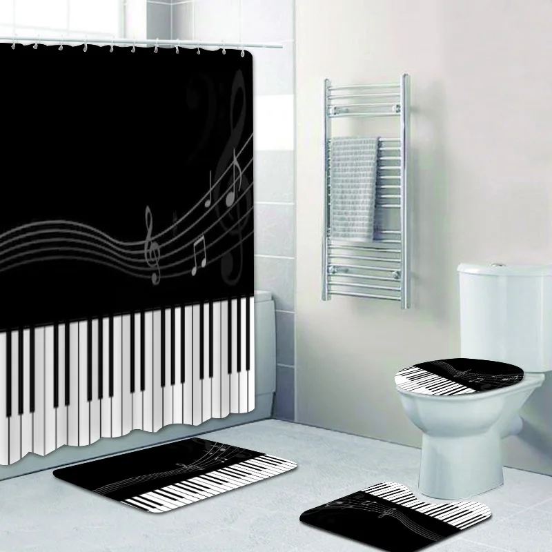 

4PCS Musical Music Shower Curtain Bathroom Curtain Set Non Slip Music Notes Bath Mats Rugs Carpet for Toilet Bathtub Home Decor