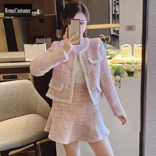 Fashion Ruffle Pink Womens Autumn Sets Single Breasted O-Neck Tweed Jacket Beading Elegant High Waist Skirt Two-Piece Suit 
Fashion Ruffle Pink Womens Autumn Sets Single Breasted O-Neck Tweed Jacket Beading Elegant High Waist Skirt Two-Piece Suit