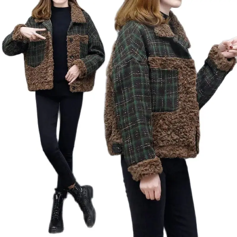 

New 2021 Imitate Lamb Hair Splicing Short Ladies Jacket Autumn Winter Lattice Woolen Female Outerwear Women's Cotton Warm Coat