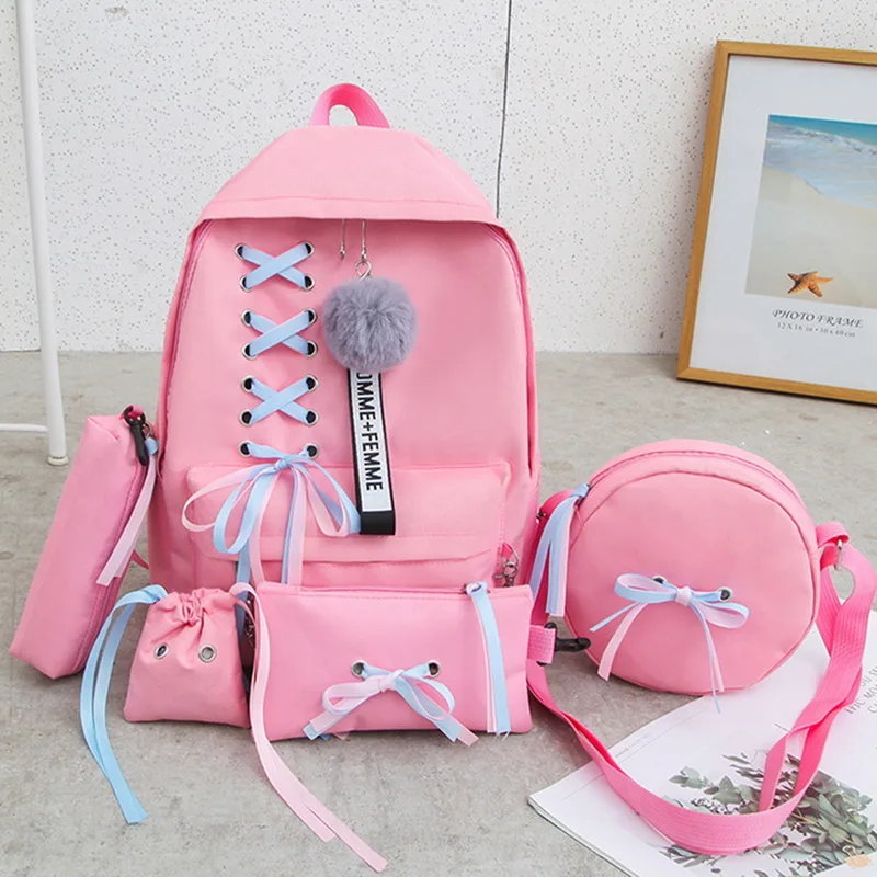 Backpack - 5pcs/set School Bag for Teenager Student Girls Women Canvas Backpack Bow Bundle Backpack Solid Mochila Backpack Schoolbag