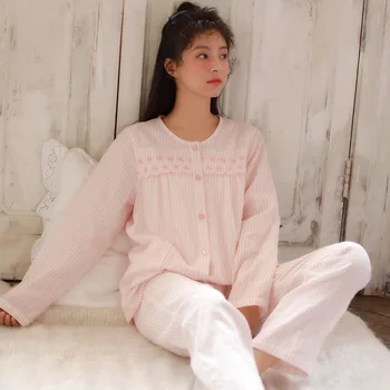 XIFER Pajamas for Women Spring Autumn New Cotton Long-sleeved Suit Woven Thin Gauze Round Neck Long-sleeved Trousers Homewear
XIFER Pajamas for Women Spring Autumn New Cotton Long-sleeved Suit Woven Thin Gauze Round Neck Long-sleeved Trousers Homewear