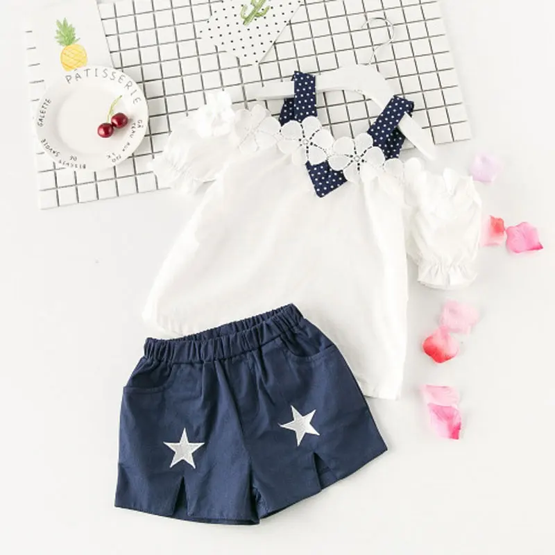 R-Z-2018-Summer-New-Fashion-Sweet-Solid-Color-Off-Shoulder-T-Shirt-Pentagram-Shorts-Girls