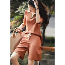 Knitted Summer Women Shorts Two Pieces Sets Sweater Ha;f Sleeve Turn Neck Drawstring Knee Length Shorts Casual Female Sets 2021 
Knitted Summer Women Shorts Two Pieces Sets Sweater Ha;f Sleeve Turn Neck Drawstring Knee Length Shorts Casual Female Sets 2021