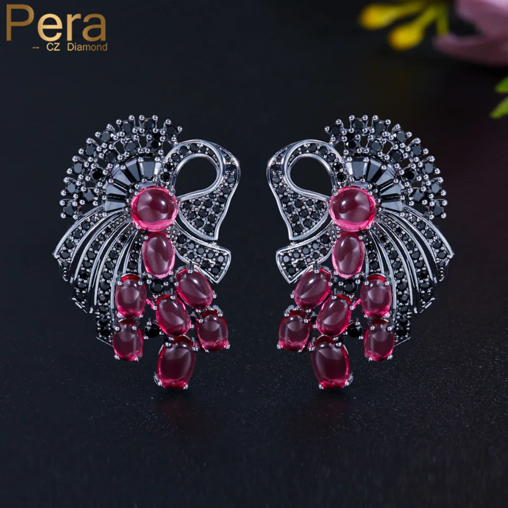 

Pera Aesthetic Ruby Red Cubic Zirconia Jewelry Black Gold Plated Dangle Tassel Oval CZ Drop Earrings for Female Jewelry E711