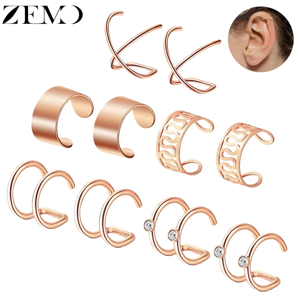 

ZEMO 5 pairs/Lot Rose Gold Clip Earrings for Women Black Gold Color Stainless Steel Cuff Earrings Female Fake Piercing Jewelry