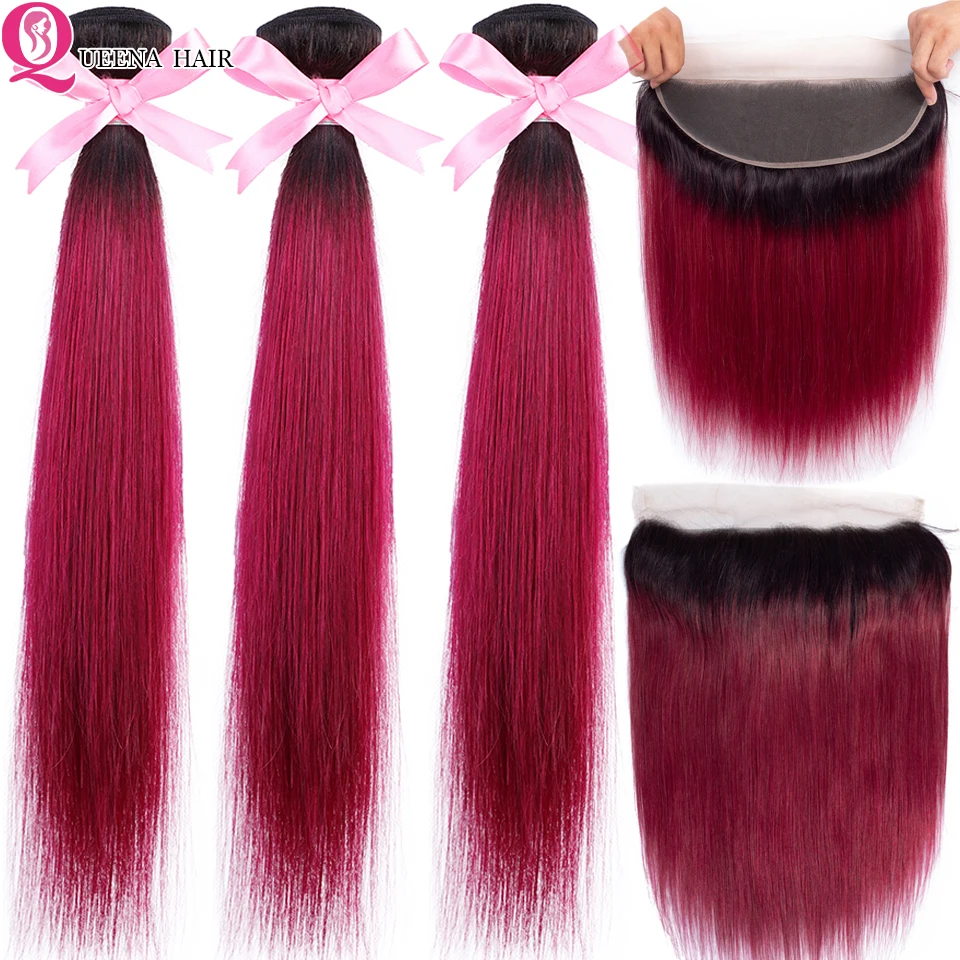 

Ombre Straight Hair Bundles With Frontal 1B Burgundy Remy Malaysian Human Hair 13x4 Lace Frontal Closure With Bundles Deals Hair