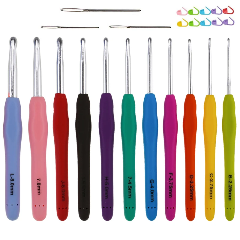 12Pcs 2.25mm-8.0mm Ergonomic Crochet Hooks Set Long Soft Handle Crochet Needles Yarn Weave Knitting Needles for Arthritic Hands (1)
