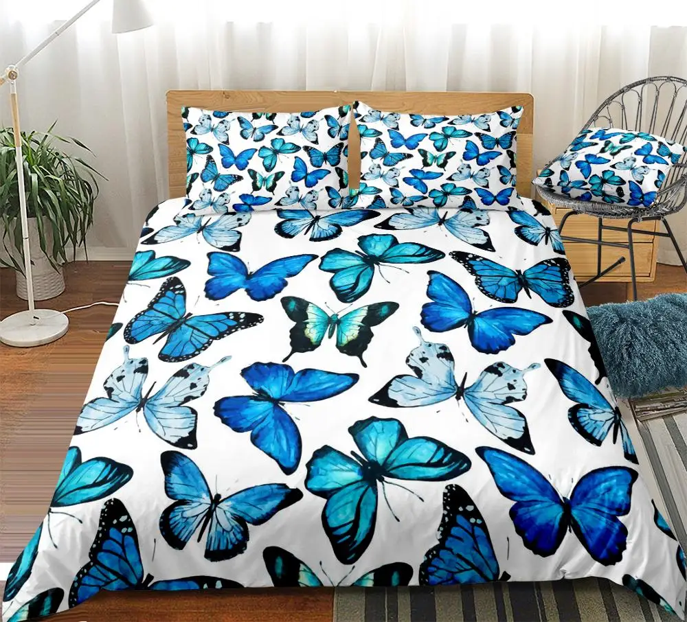 

3 Pieces Watercolor Butterflies Duvet Cover Set Blue Butterfly Bed Set White Bedding Kids Girls Quilt Cover Queen Dropship