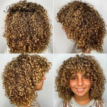 

Honey Blonde Ombre Colored Synthetic Hair Wig Cheap Short Pixie Bob Afro Kinky Curly Full Machine Made Wigs With Bangs Blunt Cut