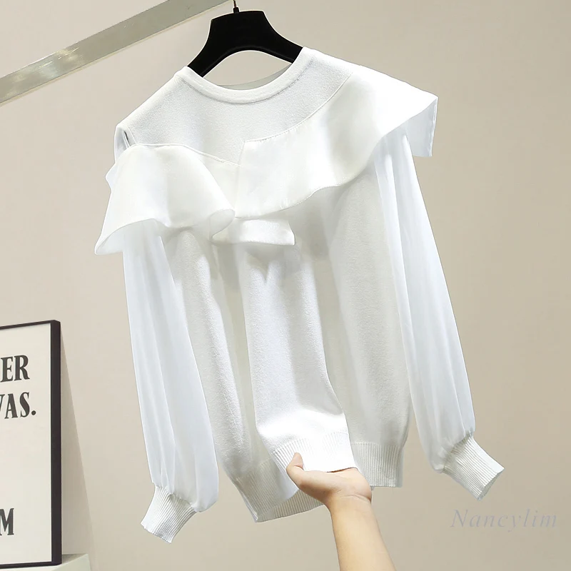 High-End Temperament Irregular Ruffled Chiffon Long Sleeve Stitching Ice Silk Sweater Loose Women's Pullover Jumper Top
High-End Temperament Irregular Ruffled Chiffon Long Sleeve Stitching Ice Silk Sweater Loose Women's Pullover Jumper Top