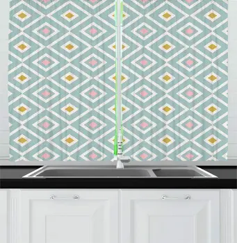 Pale Seafoam Multicolor Geometric Kitchen Curtains Intricate Squares Along Horizontal Stripes Mint Coral Tones Window Drapes
Pale Seafoam Multicolor Geometric Kitchen Curtains Intricate Squares Along Horizontal Stripes Mint Coral Tones Window Drapes