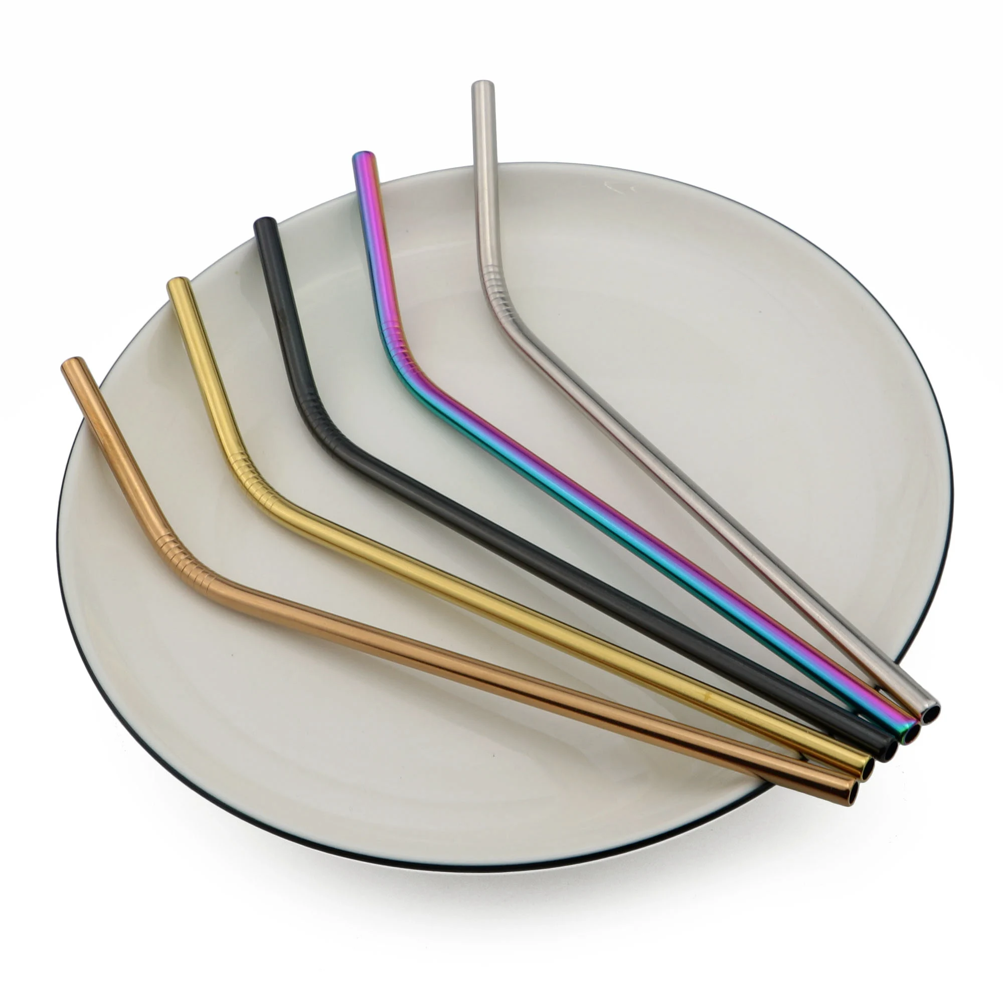 Description Picture 4 of item8Pcs Reusable Straw Set Rainbow Black Drinking Straw High Quality 304 Stainless Steel Metal Straw with Cleaner Brush Wholesale