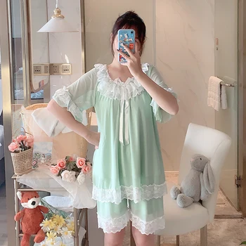 Women Summer Pajamas Set Cotton Lace Short Sleeve Shorts 2pcs Sleepwear Students Princess Style Pyjamas Sweet Leisure Wear S212
Women Summer Pajamas Set Cotton Lace Short Sleeve Shorts 2pcs Sleepwear Students Princess Style Pyjamas Sweet Leisure Wear S212
