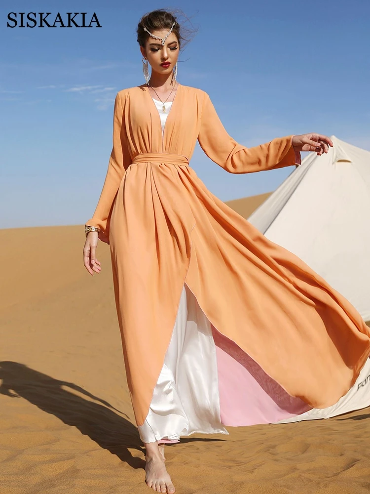 Siskakia Double Layer Chiffon Kimono Dress for Women Both Sides Wear Two Color Asymmetry Front Open Abaya Orange Pink Ethnic
Siskakia Double Layer Chiffon Kimono Dress for Women Both Sides Wear Two Color Asymmetry Front Open Abaya Orange Pink Ethnic