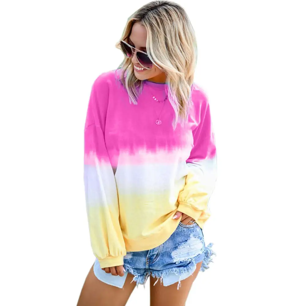 Womens Casual Gradient Long Sleeve T-Shirt Colorblock Block Tie Dye Printed Pullover 5