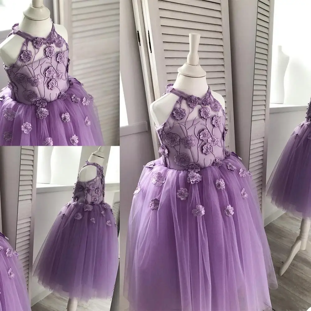

Custom Made Purple Flower Girl Dresses 2023 A Line Lace Appliques Jewel Neck Pageant Gowns Girls Birthday Party Dress
