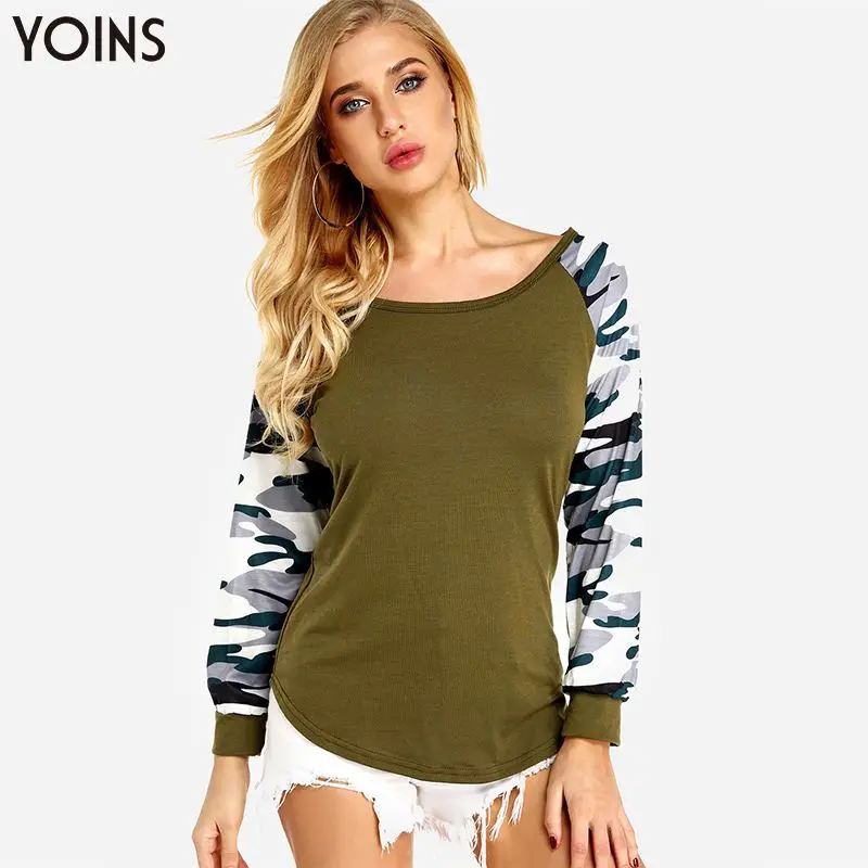 

YOINS Women camouflage Print Hoodies Sweatshirts 2019 Autumn Spring Pullovers Round Neck Long Sleeves Patchwork Asymmetric Tops
