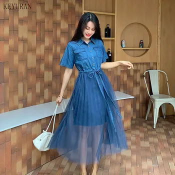 Women Summer Fashion Blue Denim Dress Plus Size Mesh Patchwork Short Sleeve Tunic Adjustable Waist A-line Jeans Long Dresses
Women Summer Fashion Blue Denim Dress Plus Size Mesh Patchwork Short Sleeve Tunic Adjustable Waist A-line Jeans Long Dresses