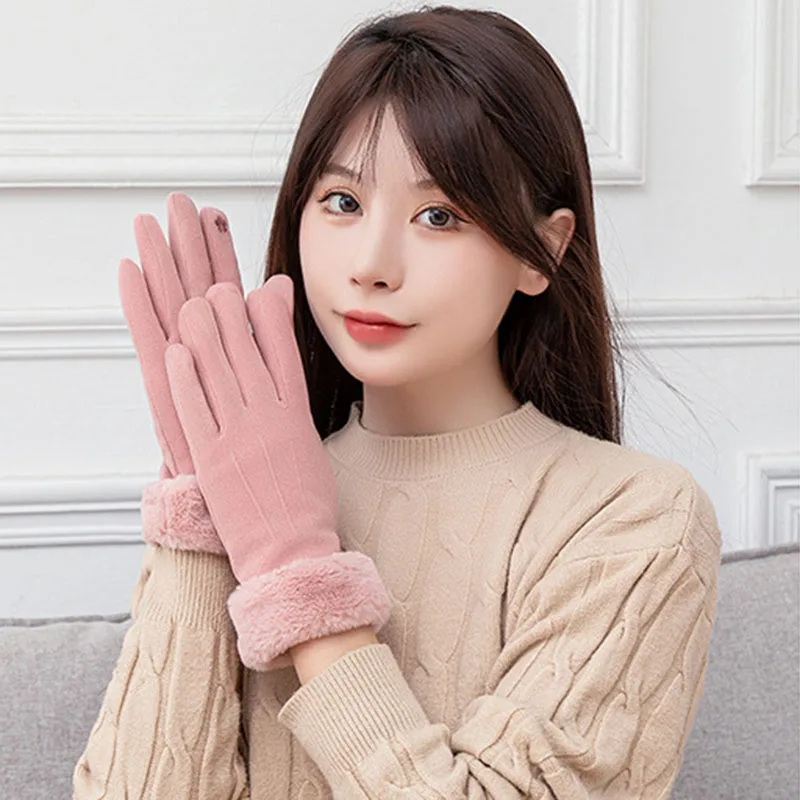 

Women Winter Fleece Gloves Elastic Suede Fabric Touch Screen Warm Plush Lined Glove for Riding Driving Motor d88