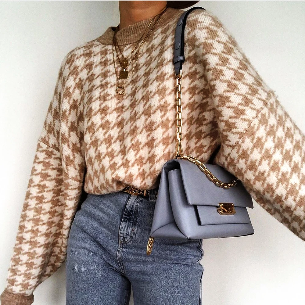 Geometric Houndstooth Khaki Knitted Sweater Women Casual Loose Long Sleeve Pullover Sweater 2020 Autumn Winter Retro Jumper Tops
Geometric Houndstooth Khaki Knitted Sweater Women Casual Loose Long Sleeve Pullover Sweater 2020 Autumn Winter Retro Jumper Tops
