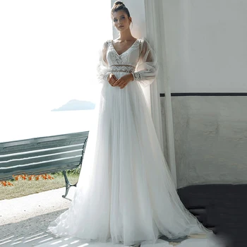 2020 A Line Long Puffy Sleeve Double V Neck Backless lace Wedding Dress Appliques Plus Size Bride Gown Tulle robe de mariée 
2020 A Line Long Puffy Sleeve Double V Neck Backless lace Wedding Dress Appliques Plus Size Bride Gown Tulle robe de mariée