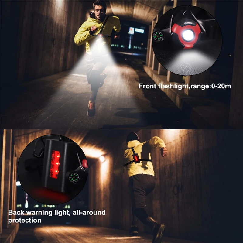 Discount WEST BIKING Outdoor Sports Running Lights USB Charge Flashlight LED Charge Chest With Compass Night Cycling Safety Warning Light 13