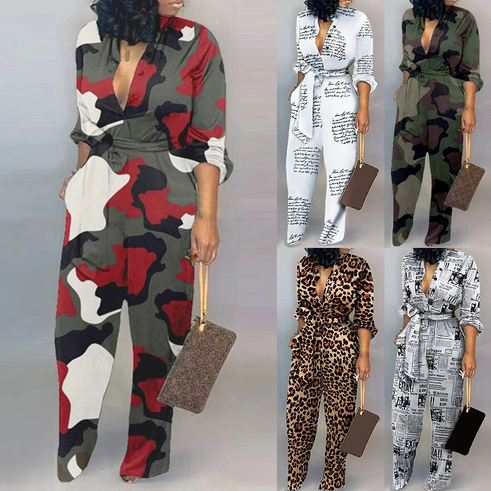 

Leopard Camo Fashion Tied Waist Jumpsuit Long Sleeve Women 2020 One Piece Long Overalls Rompers Casual Print Playsuit Streetwear