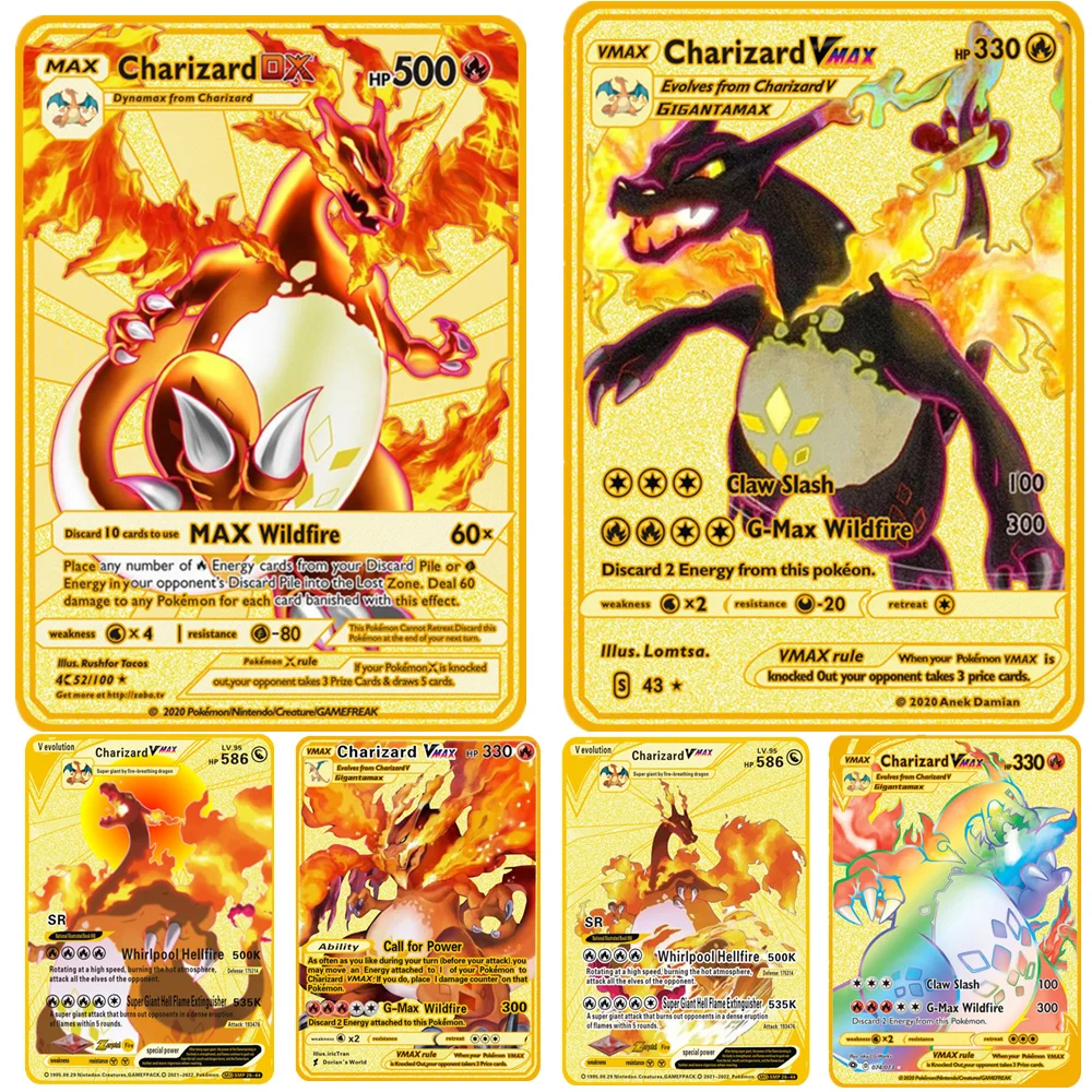 Новые металлические карты Pokemon VMAX Charizard Max пользовательские металлы V Vmax Cardrainbow Gold