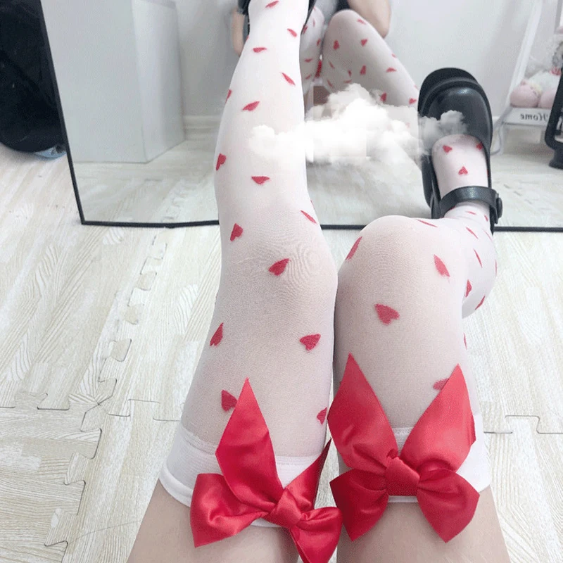 2020 Cute Small Heart Transparent Stockings Pure Lovely Red Bow Over Knee White Tigh High Sexy Suspender Tube Silk Stocking 2020 Cute Small Heart Transparent Stockings Pure Lovely Red Bow Over Knee White Tigh High Sexy Suspender Tube Silk Stocking