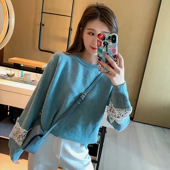 Fashion Female Patchwork Lace Stitching Sweaters Women Knit Top O-Neck Sweater 3Colors 
Fashion Female Patchwork Lace Stitching Sweaters Women Knit Top O-Neck Sweater 3Colors